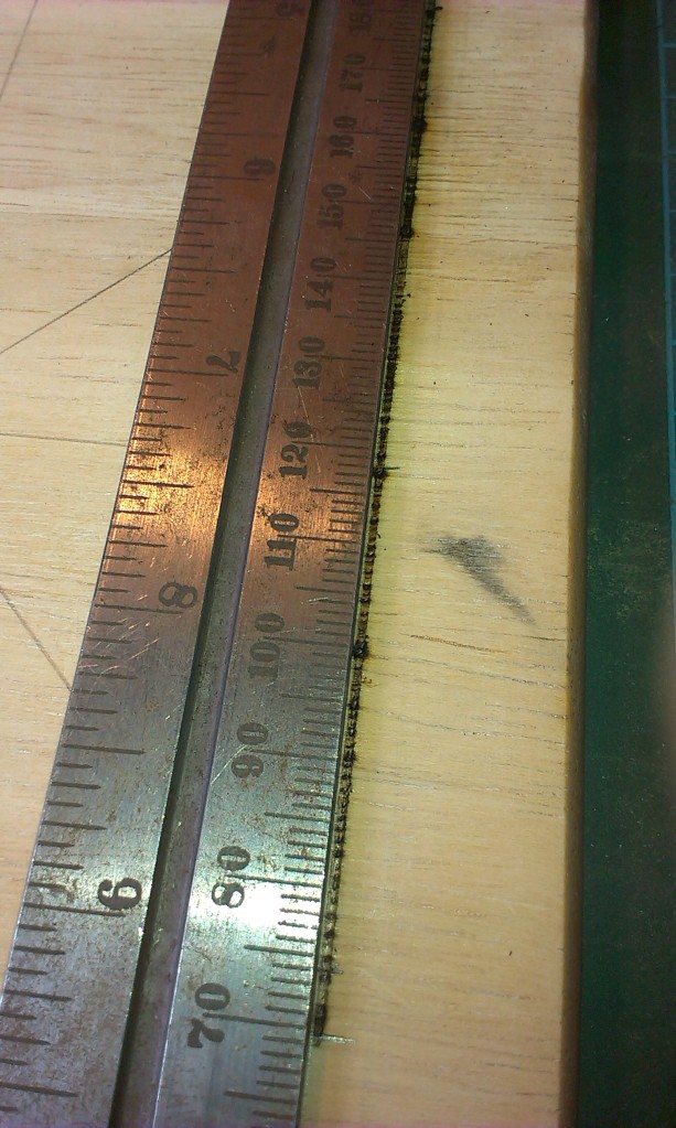 The ruler next to the burnt line.